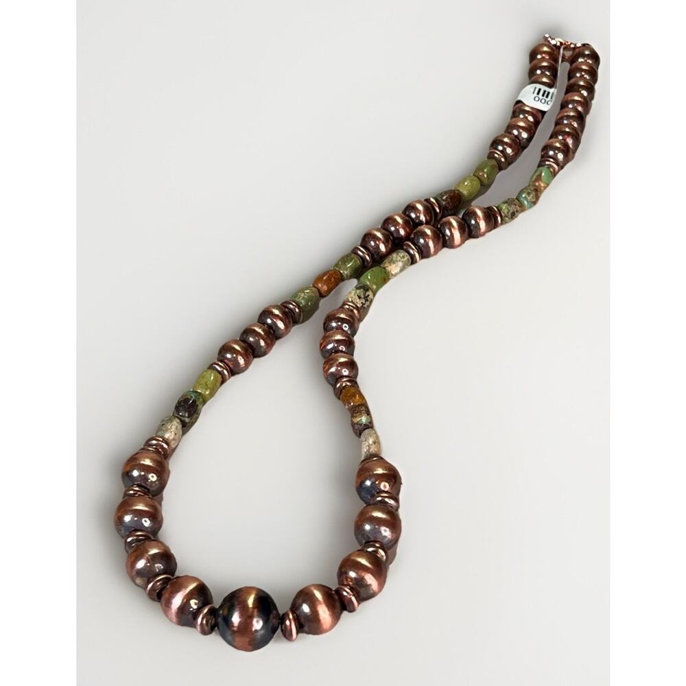 Royston Turquoise Oxidized Copper Desert Pearl 16” Southwestern Beaded Necklace - Picture 5 of 13